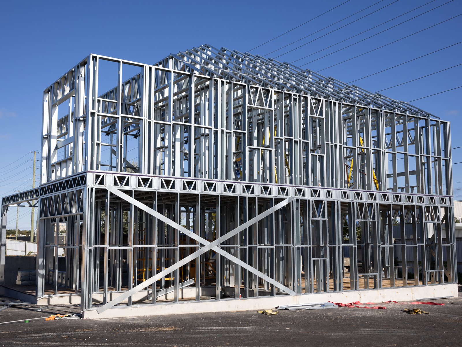 A two-storey cold-formed steel frame in the plant yard in Barrie