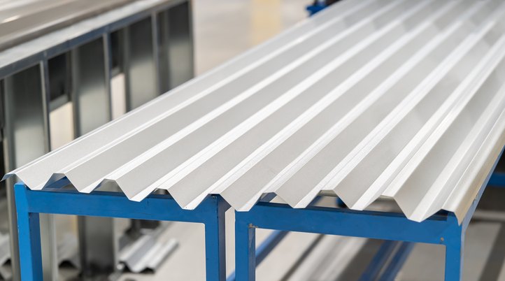 A corrugated roof sheet on the run-out table in the plant