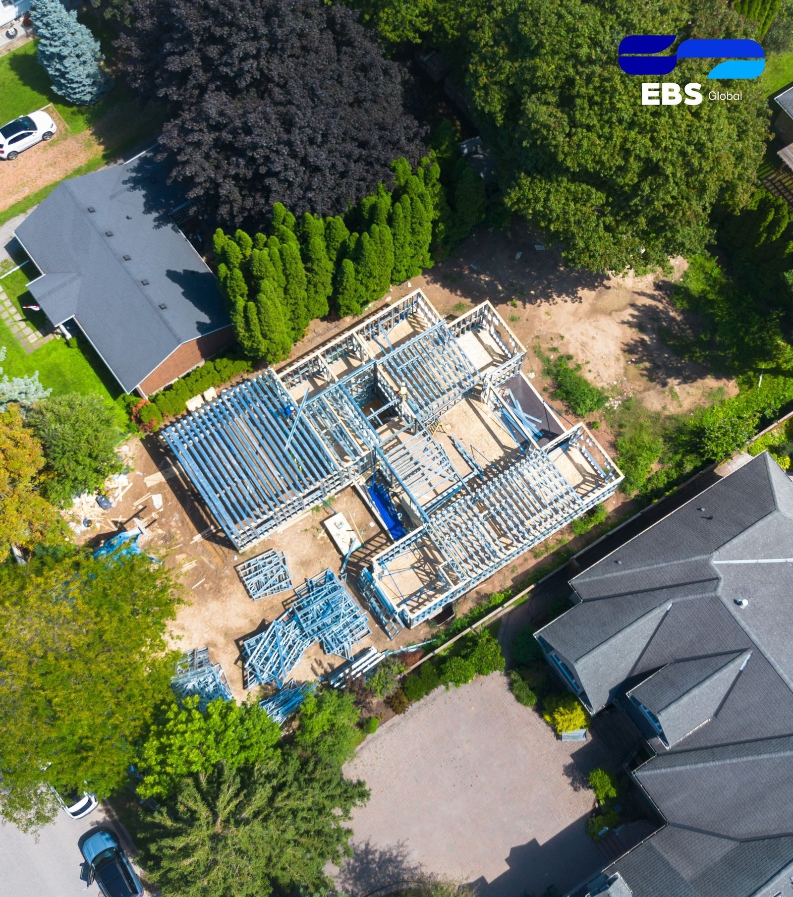 Drone view of a custom residence framed in cold-formed steel, Niagara, Ontario